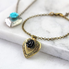 Antique gold vintage heart locket bracelet with black rose