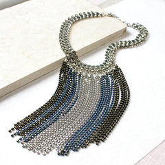 Blue Statement Chain Fringe Necklace