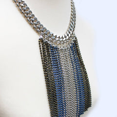 Blue Statement Chain Fringe Necklace