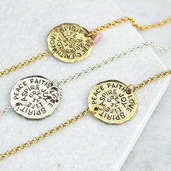 Mantra bracelets with pink opal birthstone and lucky hamsa hands in gold and silver