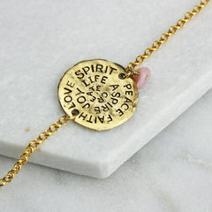 Gold mantra bracelet with pink opal birthstone