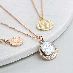 Personalised coin necklace, rose gold with silver coin on top