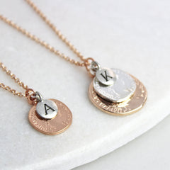 Personalised coin necklace, rose gold and silver with initial charms