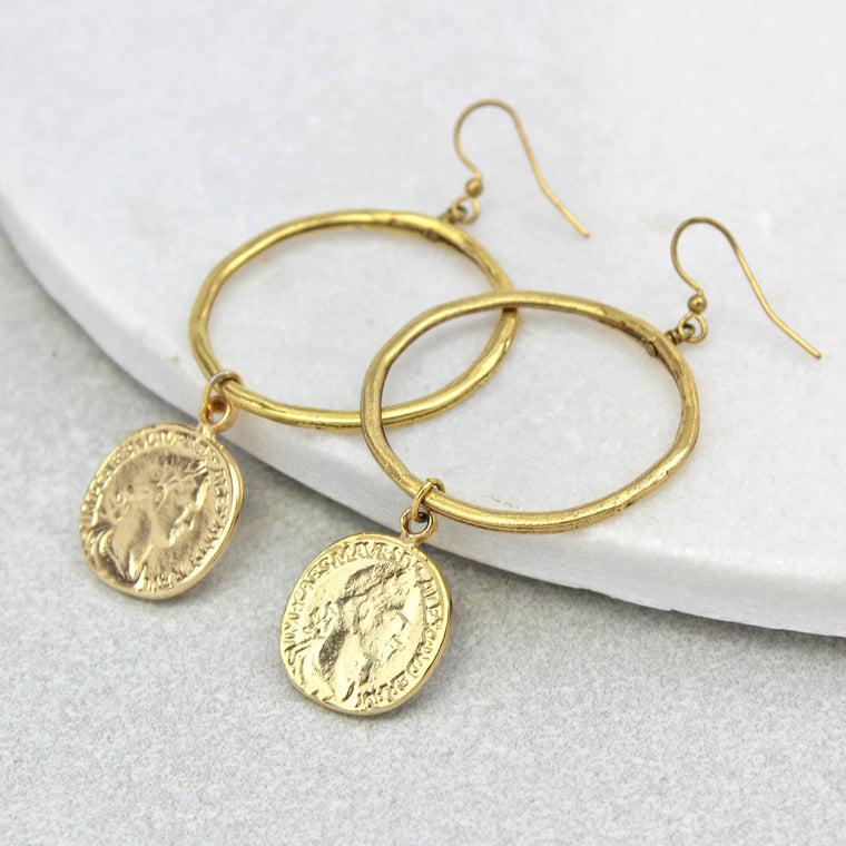 Coin Drop Hoop Earrings