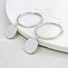 Coin Drop Hoop Earrings, silver