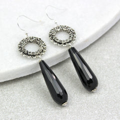 Vintage hoop drop stone earrings, silver with black stone