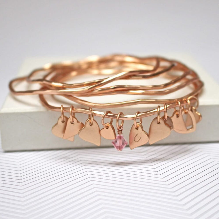 Rose Gold Heart Bangles With Swarovski Crystals