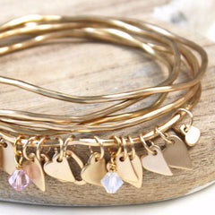 Matt gold personalised heart bangles with light pink and opal Swarovski crystals