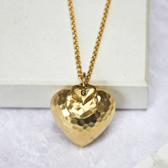 24ct gold plated smal Personalised Large Hammered Heart Pendant with heart charm