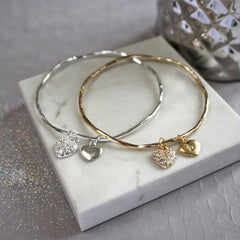 Silver and gold personalised diamante heart bangle