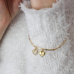 Stunning gold bangle with diamante heart and personalised heart