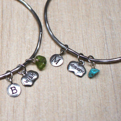 Wish and dream birthstone mantra stacking bangle in silver with turquoise and peridot