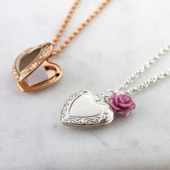 Silver and rose gold necklaces with vintage heart lockets with a hidden message inside