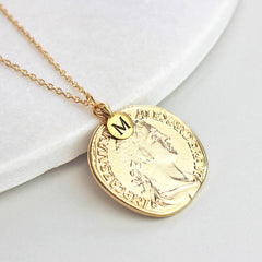 Personalised Coin Necklace, gold with initial charm