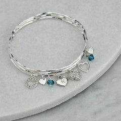 Personalised Diamante Heart Charm Bangle Set