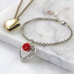 Antique silver vintage heart locket bracelet with red rose