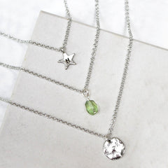 Close up of personalised Layered Birthstone Necklace sterling silver