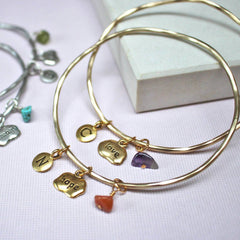 Gold love and hope birthstone mantra bangles with amethyst and carnelian
