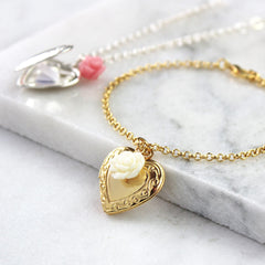 Gold vintage heart locket bracelet with cream rose