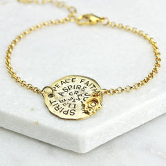 Gold mantra bracelet with lucky hamsa hand charm