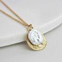 Personalised coin necklace, gold with silver coin on top