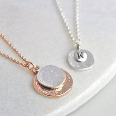Personalised coin necklace, rose gold with silver coin on top