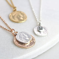 Personalised coin necklace, rose gold with silver coin on top