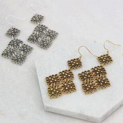 Vintage Lace Drop Earrings, gold and silver