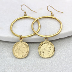 Coin Drop Hoop Earrings, gold