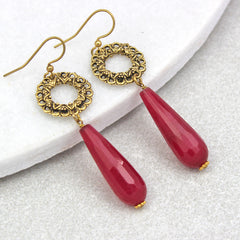 Vintage hoop drop stone earrings, gold with red stone