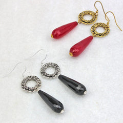 Vintage hoop drop stone earrings, gold and silver with red and black stones