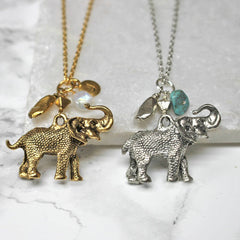 Personalised Elephant Birthstone Necklace silver and gold