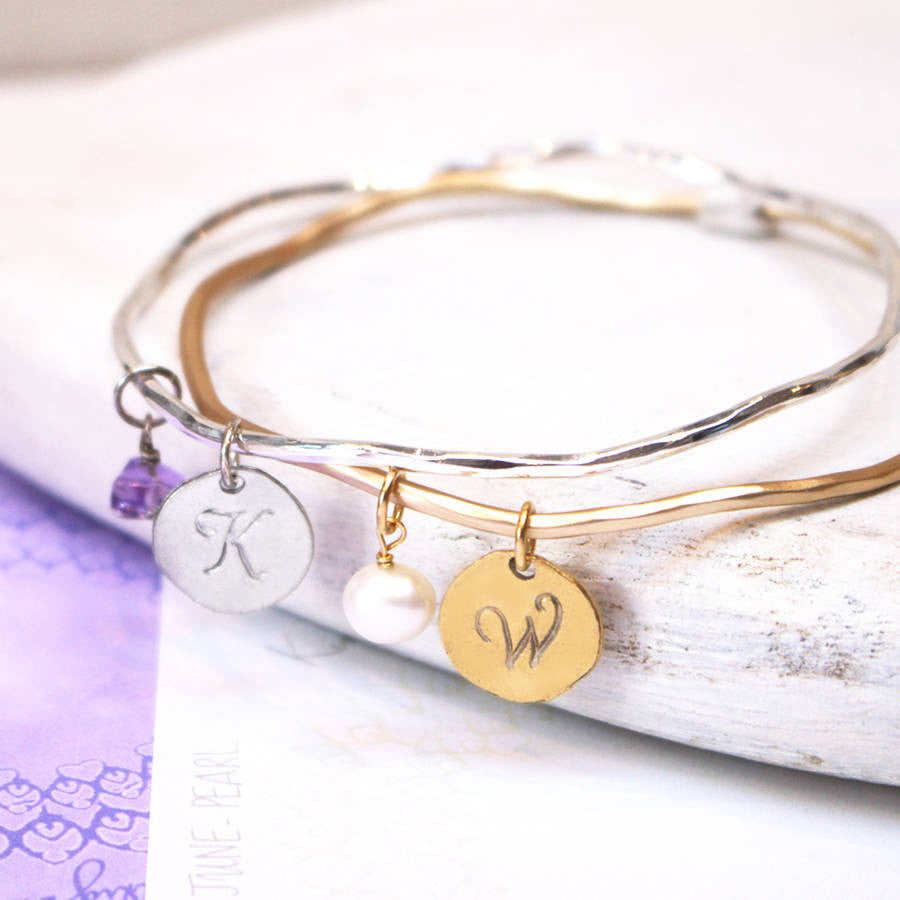 Close up of Personalised Family Birthstone Charm Bangle