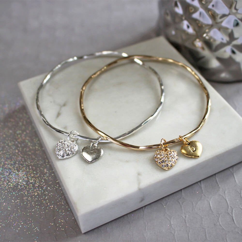 Silver and gold personalised diamante heart bangle