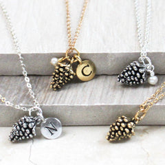 Pine Cone Necklace, silver and gold with initial charms