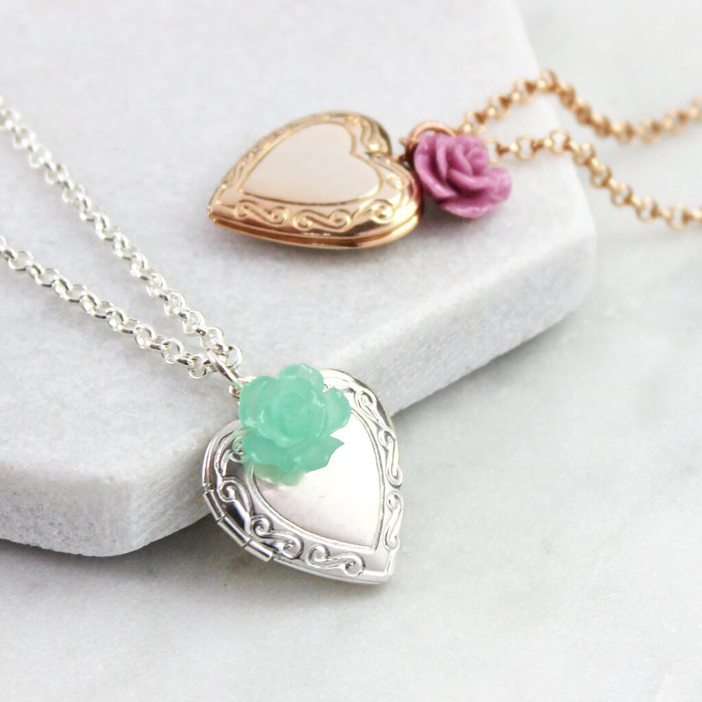 Silver vintage heart locket with mint rose and rose gold vintage heart lockets with rosey pink rose