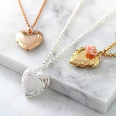 Silver, rold and rose gold necklaces with vintage heart locket