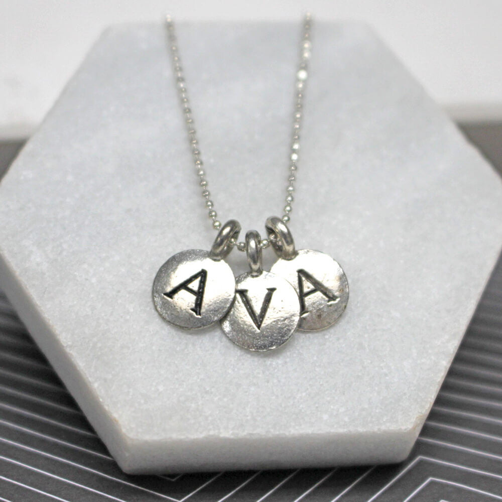 Close up of Personalised Three Letter Necklace silver