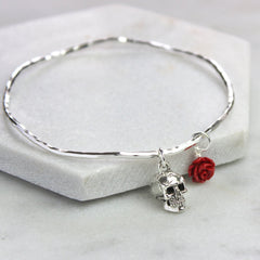 Silver skull bangle with red rose