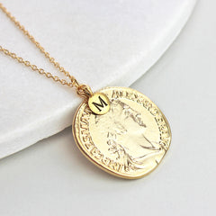 Personalised Coin Necklace, gold with initial charm