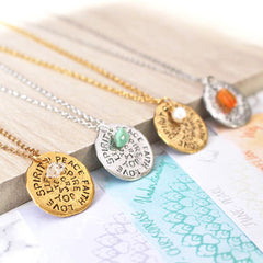 Close up of Birthstone Mantra Necklace selection