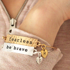Fearless and be brave personalised mantra bangles with hand stamped heart charms
